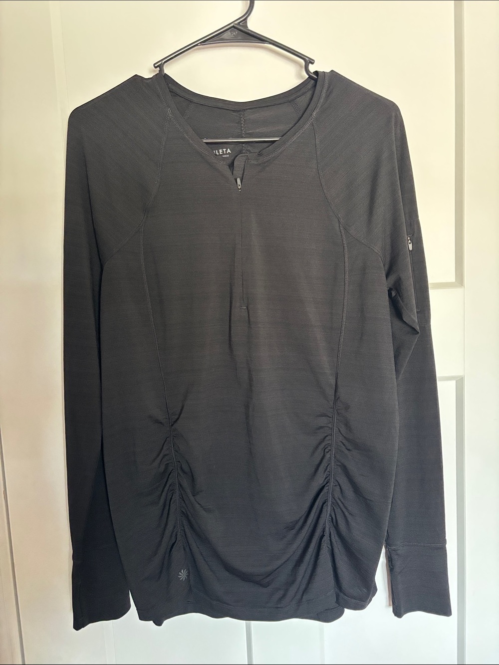 Athleta Black Long Sleeve Ruched Half-Zip Performance Top